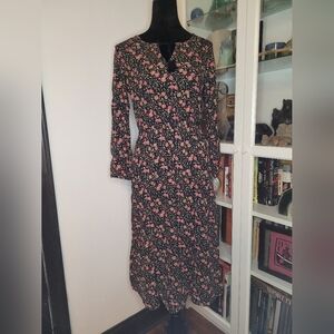 Old Navy Midi Gauzy Peasant Dress India M Hippie Boho Prairie Black Floral